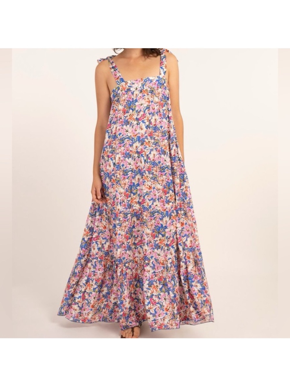 FRNCH Paris (S) Amira Dress: Floral Print Maxi with Adjustable Bow Straps- Flowy